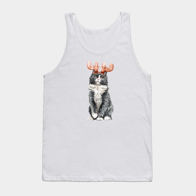 Funny Watercolor Black & White Cat with Moose Horns Tank Top by labatchino